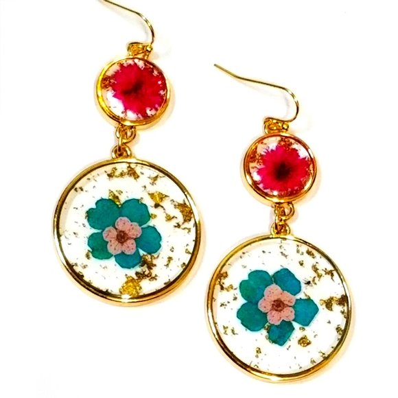 No. 3 Jewelry - Turquoise & Pink Pressed Flowers. Gold Hoops. Pierced. NWT